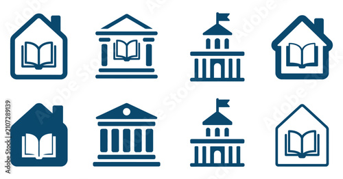 Library School University Building Icon Set for Academic Campus College Education and Public Library
