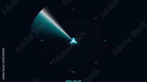 Digital radar scanning animation with rotating light beam on dark background