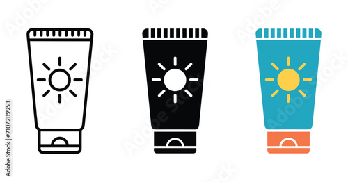 Fotografía Sunscreen Tubes: Three stylized representations of sunscreen tubes, featuring a sun icon, showcase a versatile design adaptable for various graphic applications