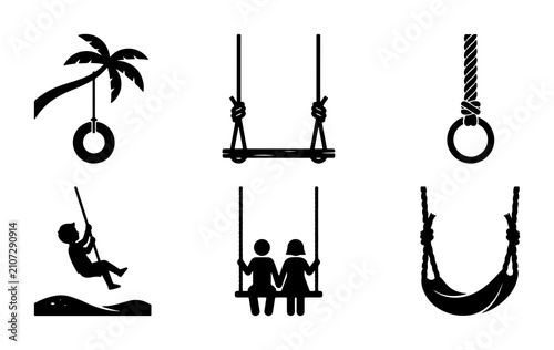 Playground Swings, Tire Swing, Gym Rings, Silhouette Set: Outdoor Fun & Recreation Icons