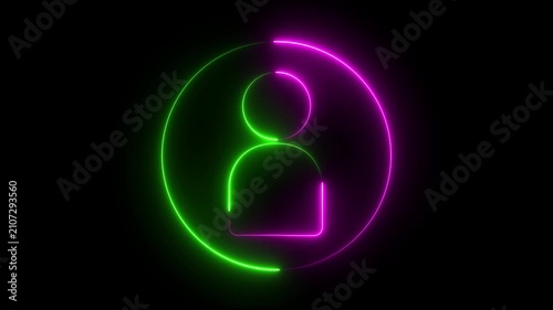 Glowing neon person sign, outline round green and purple avatar pictogram in vivid color. of user in flat style, Concept, and Futuristic Cyberpunk Human motion graphics design.