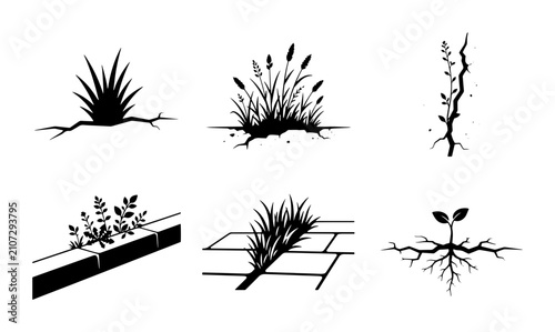 Schilderij op canvas 70 Resilience and Growth: Vector Icons of Plants Breaking Through Concrete, Crac