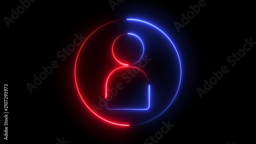Glowing neon person sign, outline round Red and Blue avatar pictogram in vivid color. of user in flat style, Concept, and Futuristic Cyberpunk Human motion graphics design.