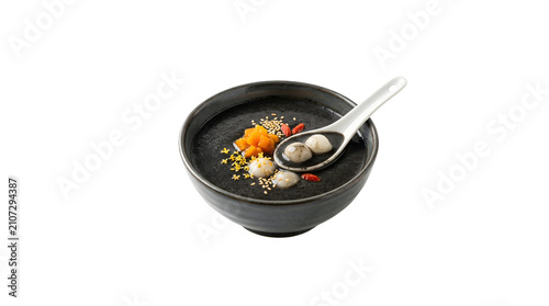 Black sesame soup with dumplings and fruit topping