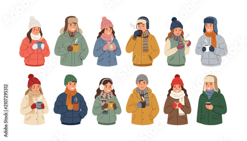 Vector illustration set of diverse people wearing warm winter clothes and holding hot drink mugs isolated on white background.