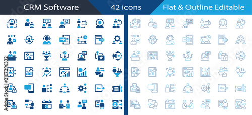 CRM Software flat, outline icon set featuring customer profile, sales funnel, customer support, lead generation, dashboard, and client management for UI.