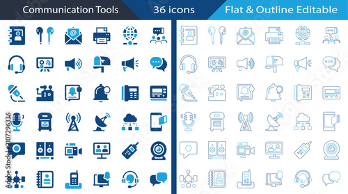 Communication Tools flat, outline icon set featuring email, headset, megaphone, speech bubbles, video call, customer support, and chat collection for UI.