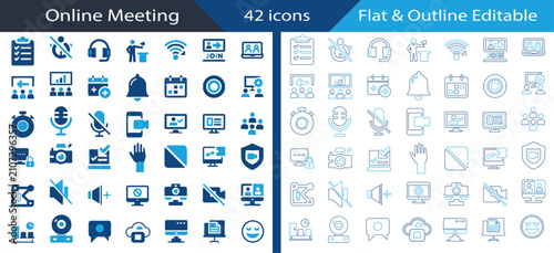 Online Meeting flat, outline icon set featuring video conference, screen sharing, webcam, microphone, whiteboard, and agenda collection for UI.