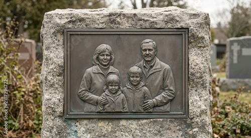Close up of bronze family portrait plaque embedded in granite tombstone. Bas relief memorial monument in cemetery. Gravestones and memorials theme