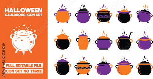 Fotografía Halloween Magic Potion Cauldron Editable Icon Set Vector
