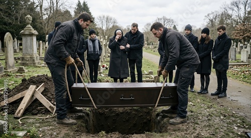 Men lowering a wooden coffin into a grave at a cemetery. Mourning family attending a solemn funeral burial ceremony