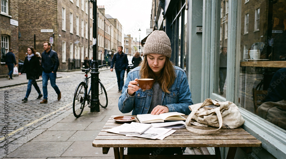 Obraz premium A young woman in denim jacket and knit scarf sips coffee at an outdoor wooden sidewalk café table on a cobblestone European street, with pedestrians, leafy trees and storefronts lining the alley