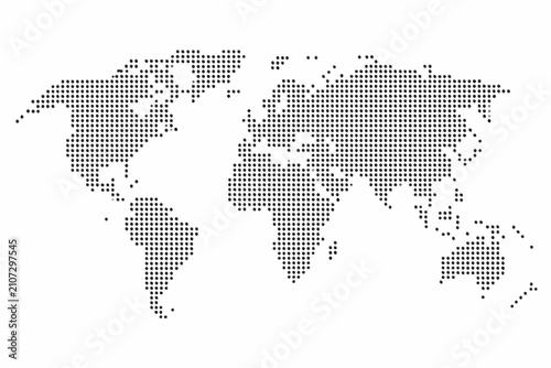 Dotted world map illustration on a white background representing global connections and geography