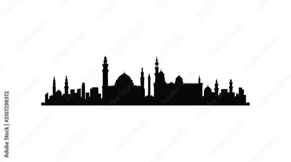Obraz premium Islamic City Skyline Silhouette, Mosque Domes and Minarets, Arabic Architecture