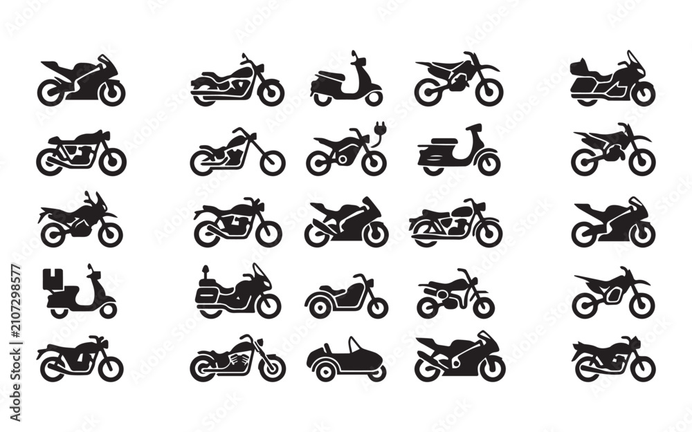 Fototapeta premium Motorcycles and motorbikes vector icon set. Sportbike, cruiser, scooter, dirt bike, chopper, electric bike, delivery motorcycle, and vintage bike silhouettes.