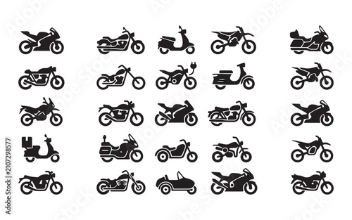 Motorcycles and motorbikes vector icon set. Sportbike, cruiser, scooter, dirt bike, chopper, electric bike, delivery motorcycle, and vintage bike silhouettes.