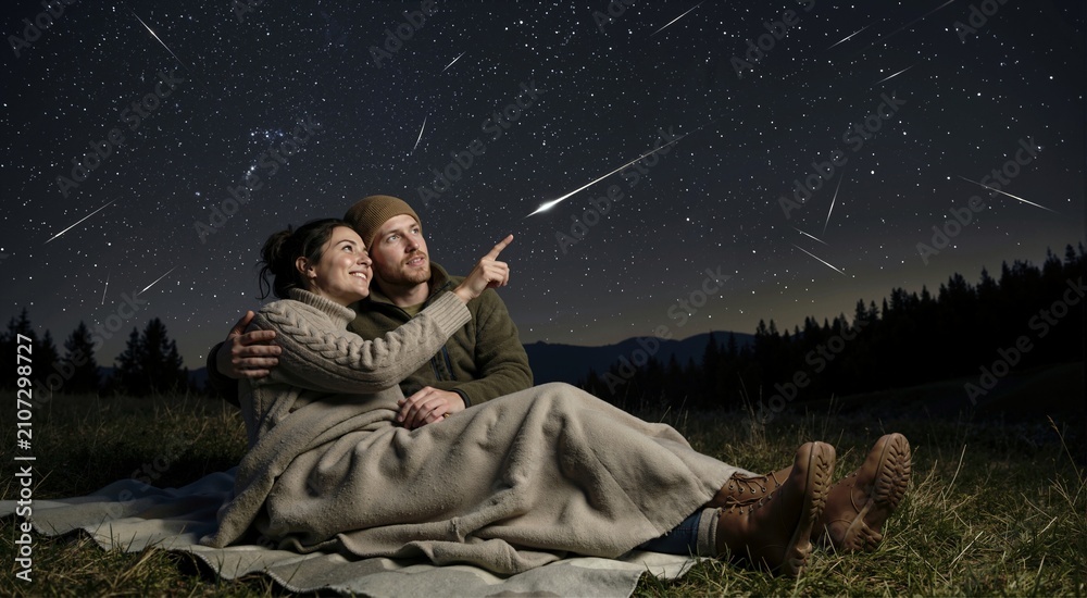 Fototapeta premium Couple stargazing and watching a meteor shower at night. Man and woman wrapped in a blanket looking at shooting stars