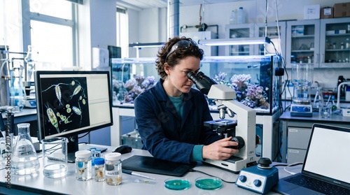 Scientist analyzing samples in modern laboratory setting.