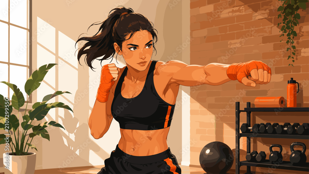 Fototapeta premium Athletic woman training indoors with clenched fists, woman, training, fitness, fists, workout, sportswear, indoor, strength,
