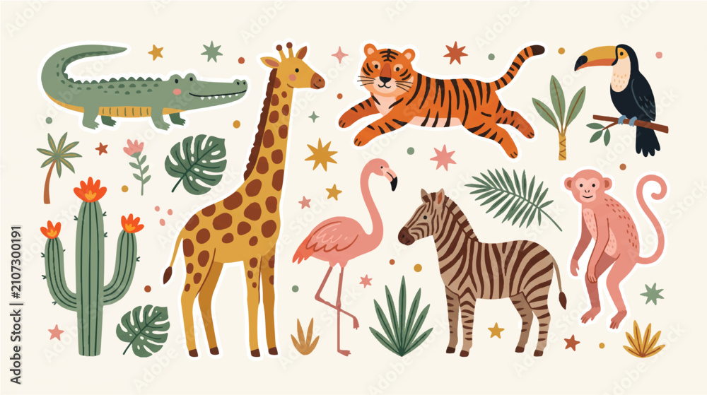 Obraz premium Whimsical African Safari Animals and Tropical Jungle Flora Illustration Set - Cute Cartoon Wildlife Collection for Kids and Nursery Design