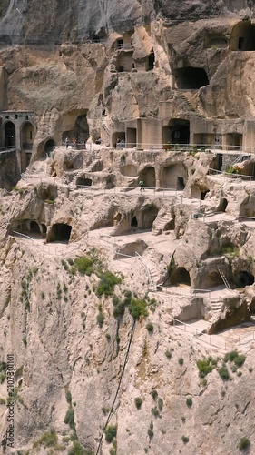 Vertical Aerial View of Ancient Vardzia Cave Monastery in Georgia