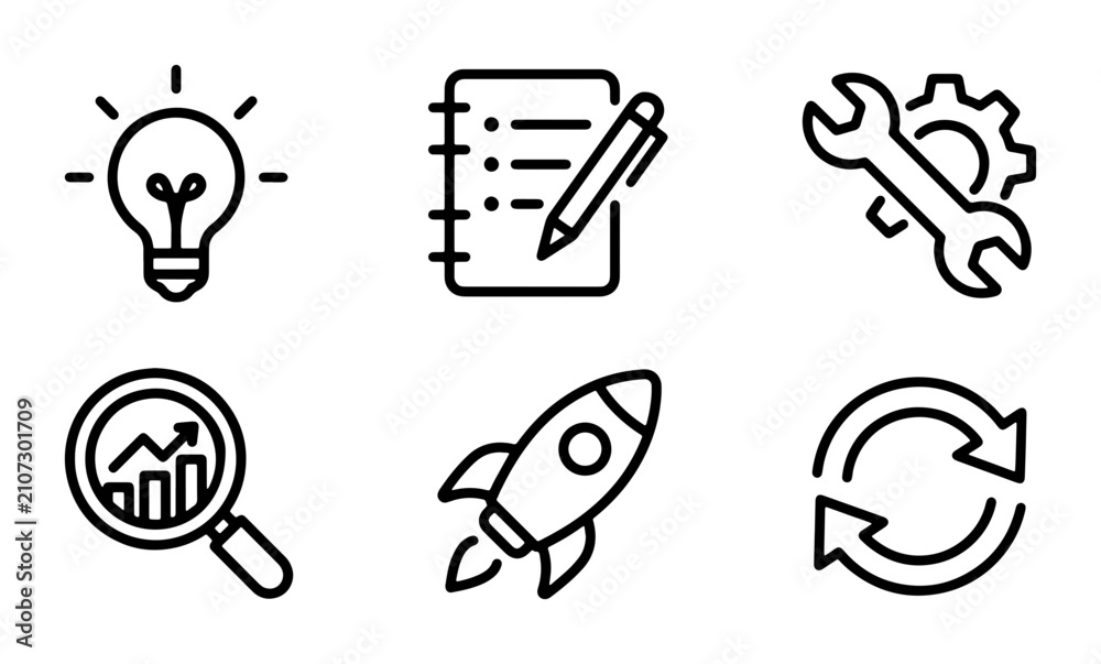 Fototapeta premium Business Icons Set: Idea, Planning, Tools, Analytics, Launch, Cycle. Vector Graphics for Strategy & Growth