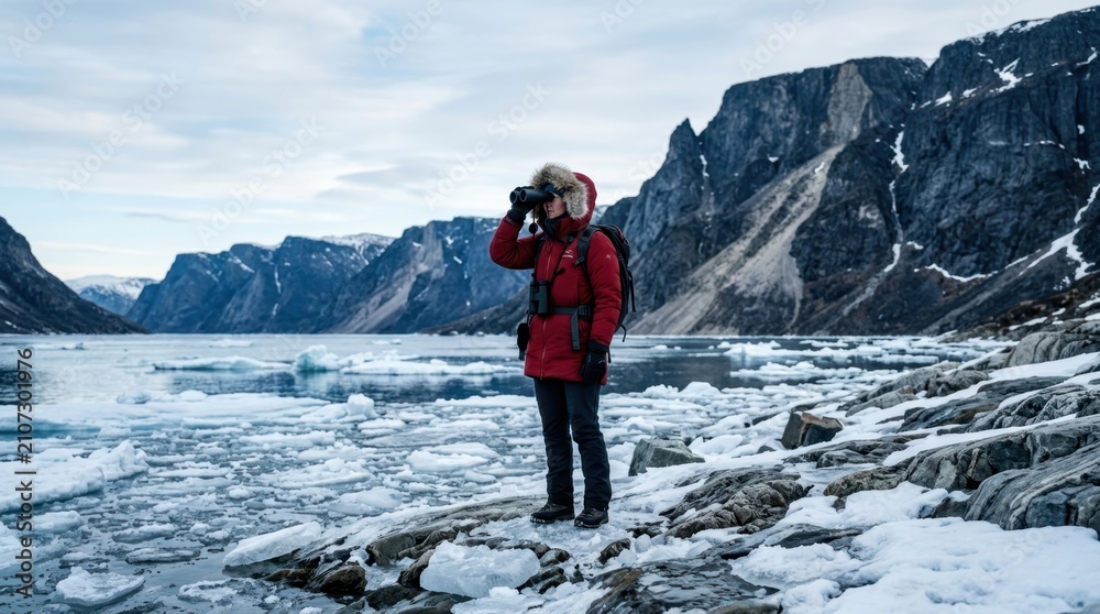 Obraz premium Bundled field researcher in a red parka scanning fractured sea ice and landslide scars along a cold fjord shoreline