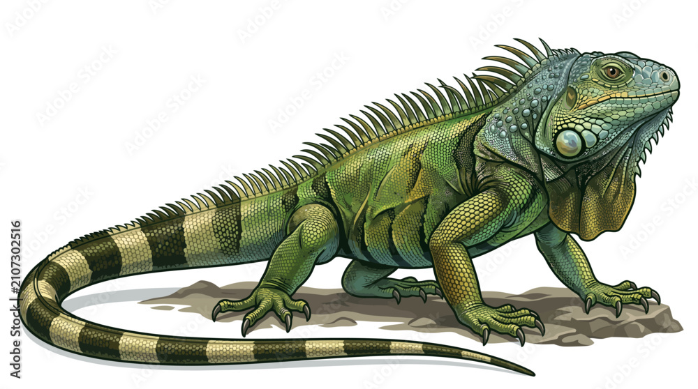 Fototapeta premium Green Iguana Lizard Side View Vector Illustration on White Background for Wildlife Projects