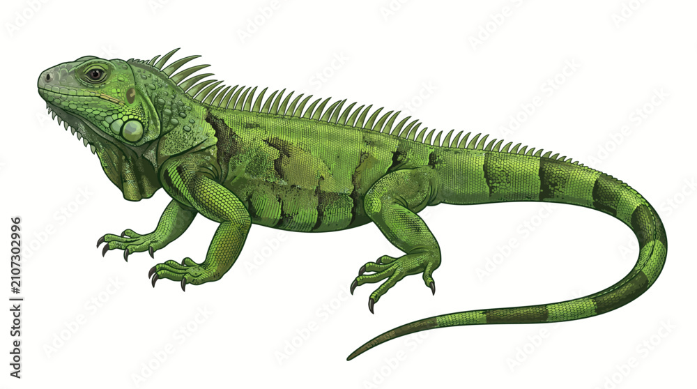 Fototapeta premium Green Iguana Lizard Vector Illustration Side View Isolated on White Background