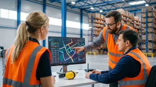 Logistics team using computer software to track shipments on a digital map.