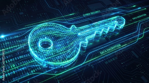 glowing key made of binary code on dark circuit board background. cyber security and data encryption concept. information technology, digital privacy, safe access. copyspace. banner, website header.