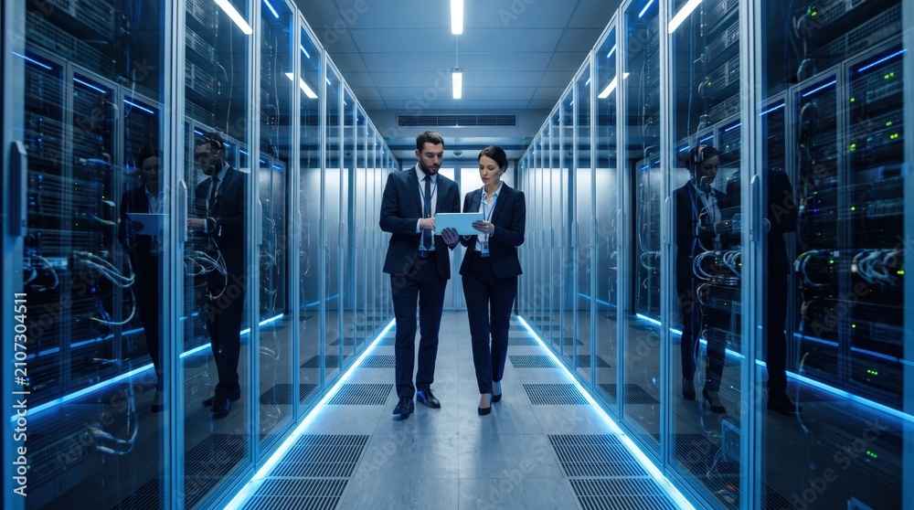 Fototapeta premium two caucasian it professionals walking in modern data center, man and woman looking at tablet. cloud computing, server maintenance, network security concept. banner, website header with copyspace.