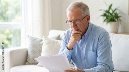 Stressed senior man sitting on a sofa reading insurance policy and pension documents at home.