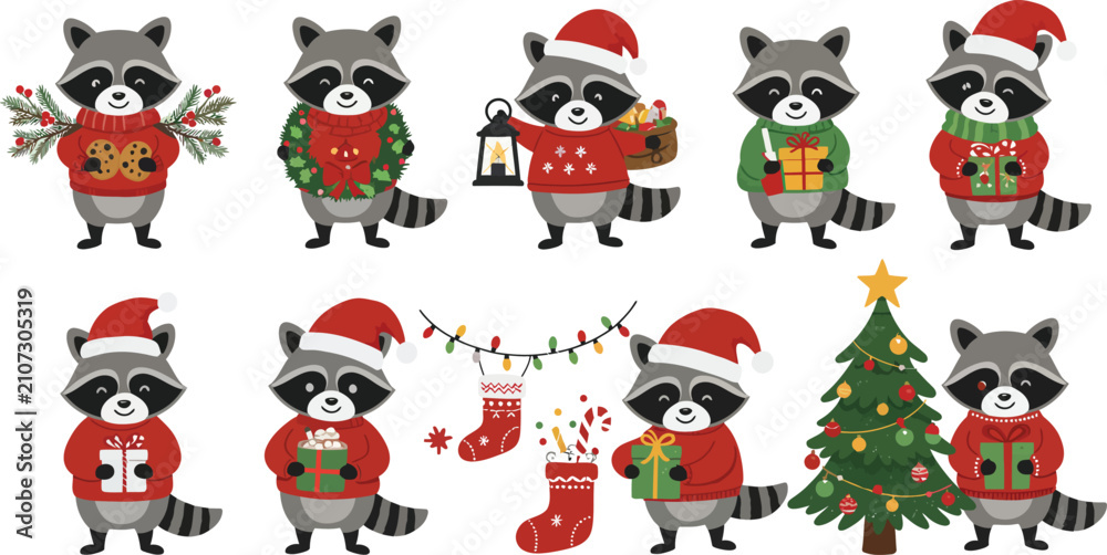 Obraz premium Set of cute cartoon raccoons wearing christmas sweaters and santa hats with gifts and a decorated pine tree on white background