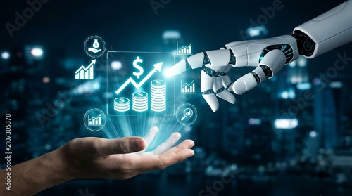Futuristic robot hand reaching for financial growth symbols with digital charts and coins.
