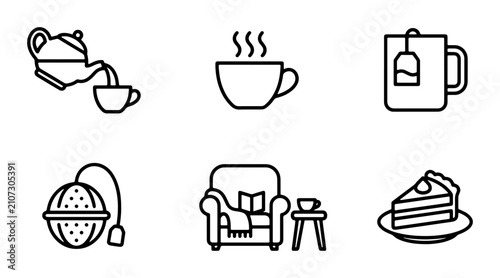 Photos Tea Time Icons: Cozy Comfort, Beverage Service, and Sweet Treats Vector Set