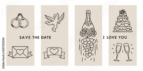 Foto Wedding themed line art illustrations with rings doves champagne and cake