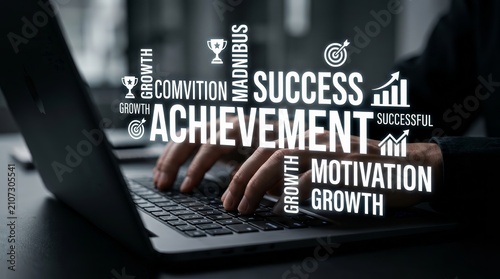 Motivating workspace with a laptop featuring dynamic words for achievement and success.