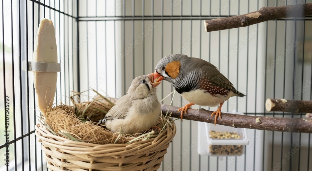 Obraz premium Adult zebra finch feeding its chick in a wicker nest. Parent bird regurgitating food for baby inside a wire cage. Pet breeding concept
