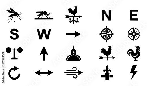 Bild auf Leinwand Black Mosquito and Rooster Weather Vane Silhouette Vector Icon Set