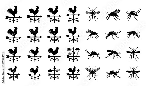 Cuadro en lienzo Minimal Rooster Weather Vane and Mosquito Silhouettes Black White Vector Collect