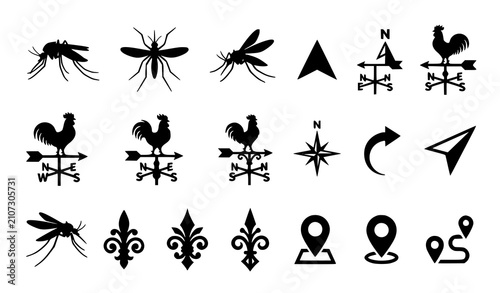 Cuadro en lienzo Black White Mosquito and Rooster Weather Vane Vector Illustration Set