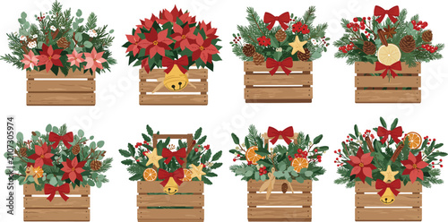 Set of eight watercolor illustrations featuring festive christmas arrangements in wooden crates decorated with poinsettias pine branches and holiday ornaments