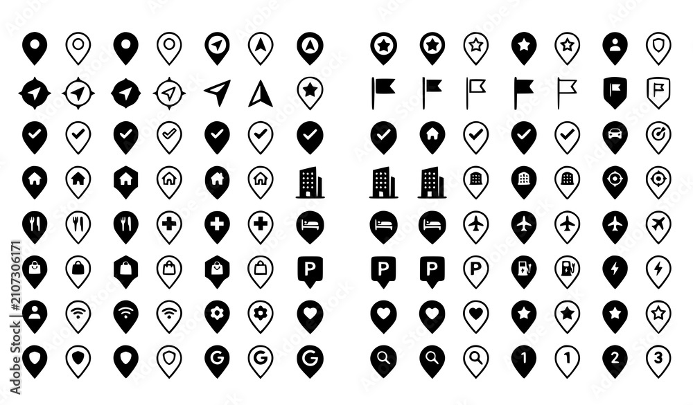 Fototapeta premium Map Pin Icons Collection Editable Stroke Thin Line and Solid Glyph Vector Set