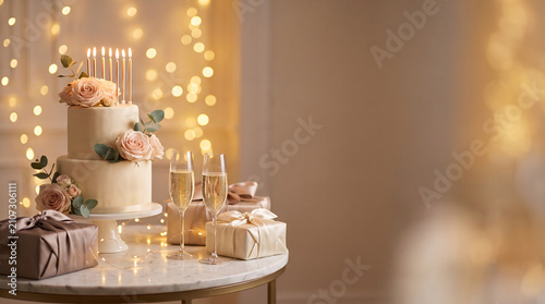 Luxury birthday celebration with an elegant birthday cake decorated with fresh flowers and lit candles, champagne glasses, premium gift boxes wrapped in silk ribbons, soft golden fairy lights 