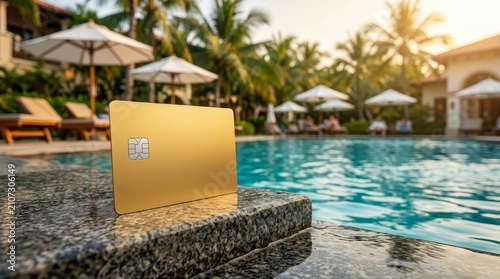 A golden credit card rests on the edge of a blue swimming pool at a luxury resort.