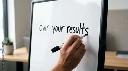 A hand writes the motivational phrase own your results on a white whiteboard.