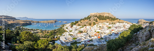 Canvastavla Rhodes island with acropolis of Lindos town vacation panorama at the Aegean Sea