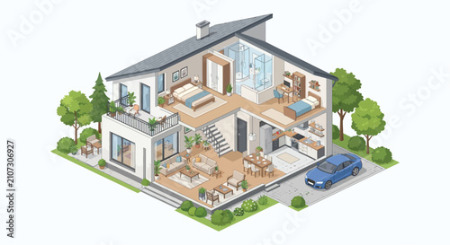 фотографія Isometric house cutaway with interior furnishings and a blue automobile in the d