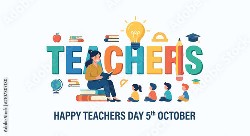 Teachers Day Illustration With Books Apple And Graduation Cap Colorful Vector Graphic academic book celebration class